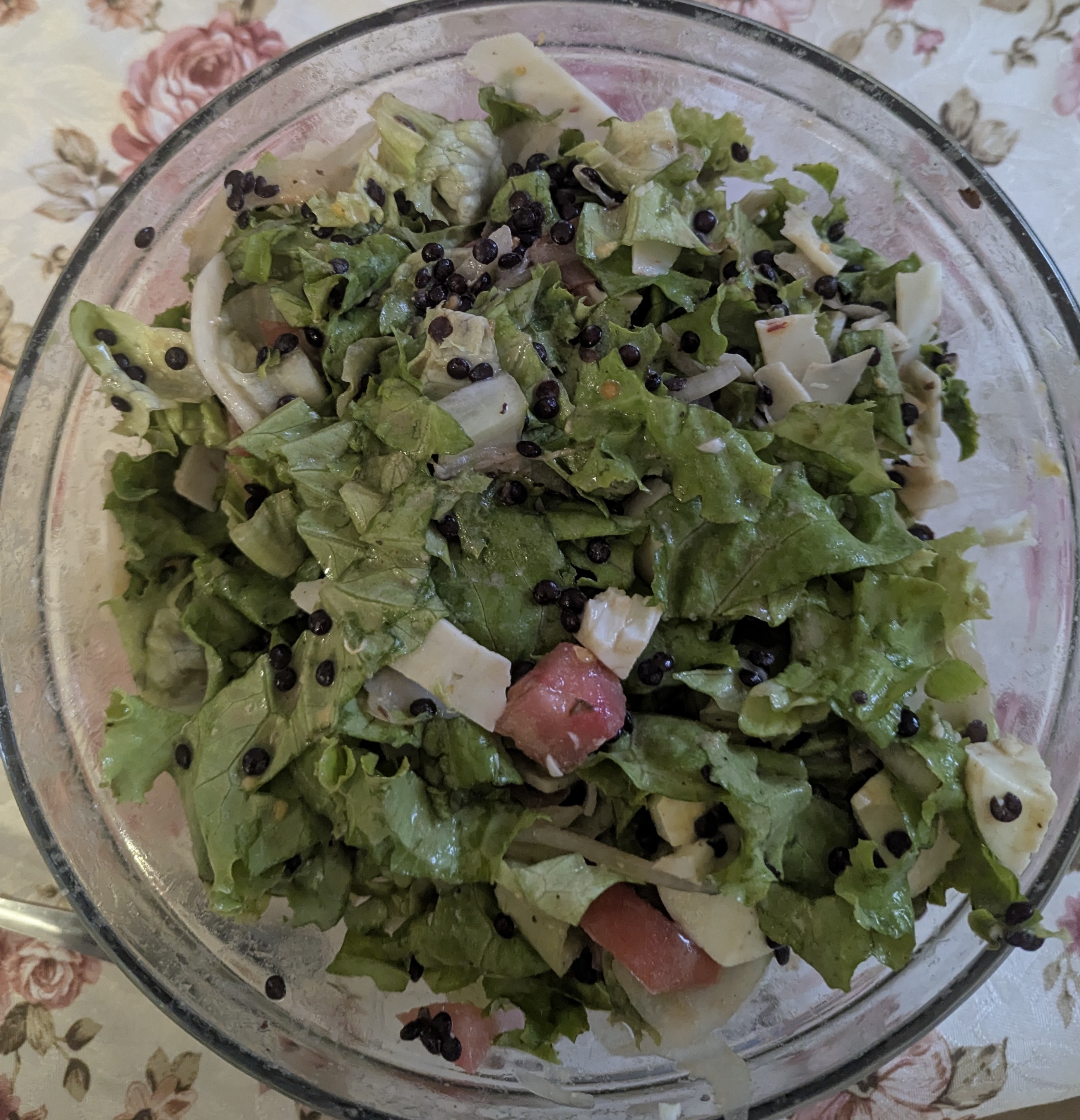 Protein lettuce salad with eggs, black lentils (Beluga) and tomato 